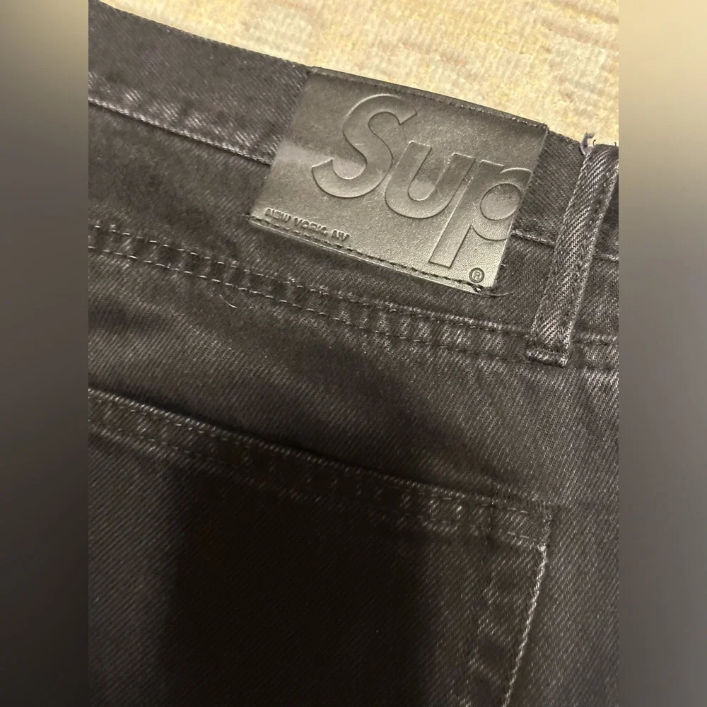 SUPREME  100% COTTON AND PATCH COW LEATHER MENS BLACK COLOR JEAN SIZE 34 - Picture 3 of 12